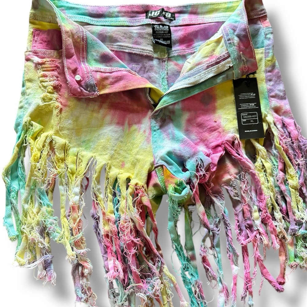 Pink and Yellow Distressed Jean Shorts with Frayed Hem